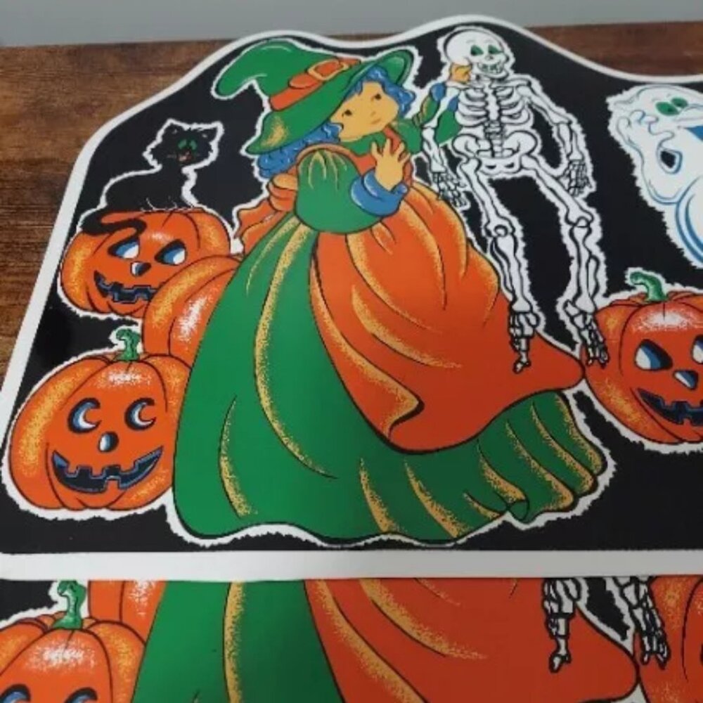 Halloween Decor Placemats Vintage set of 2 Pumpkin Skeleton Witch - Picture 2 of 5